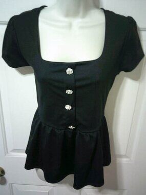 DEREK HEART PRETTY BLK SIZE L JRS. BABYDOLL STYLE BLOUSE w/ RHINESTONE BUTTONS